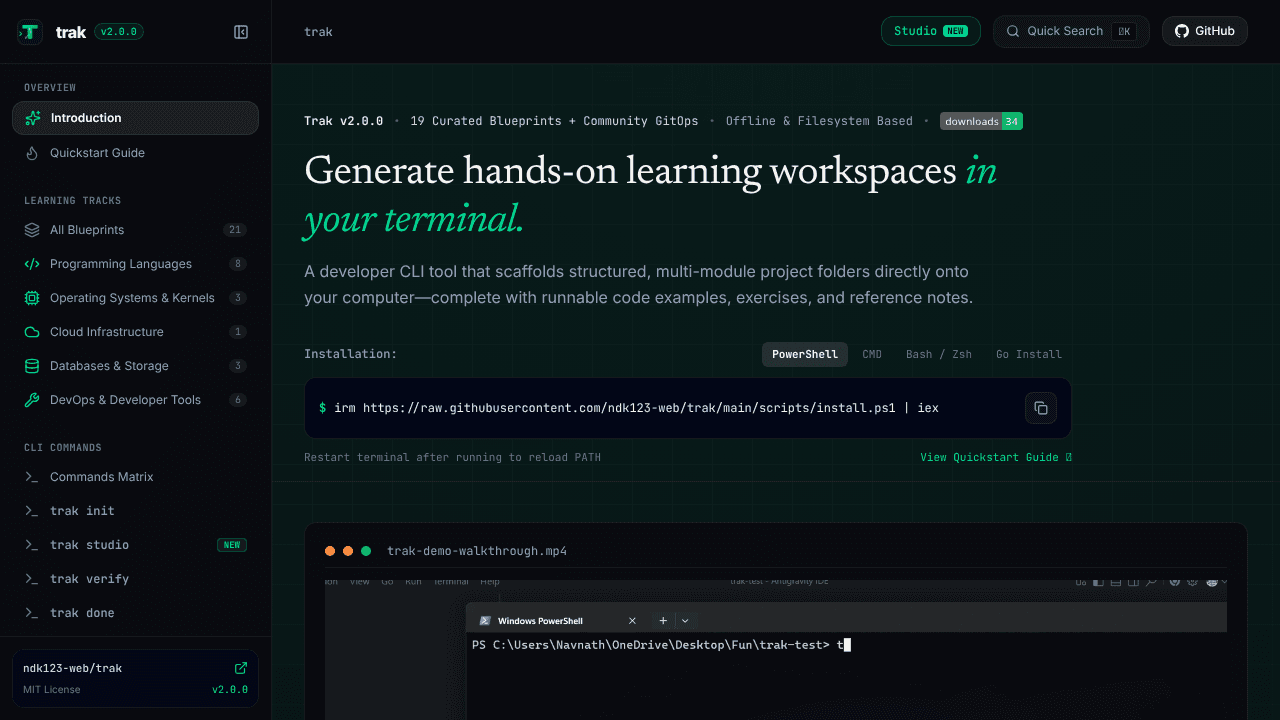 Trak CLI website screenshot