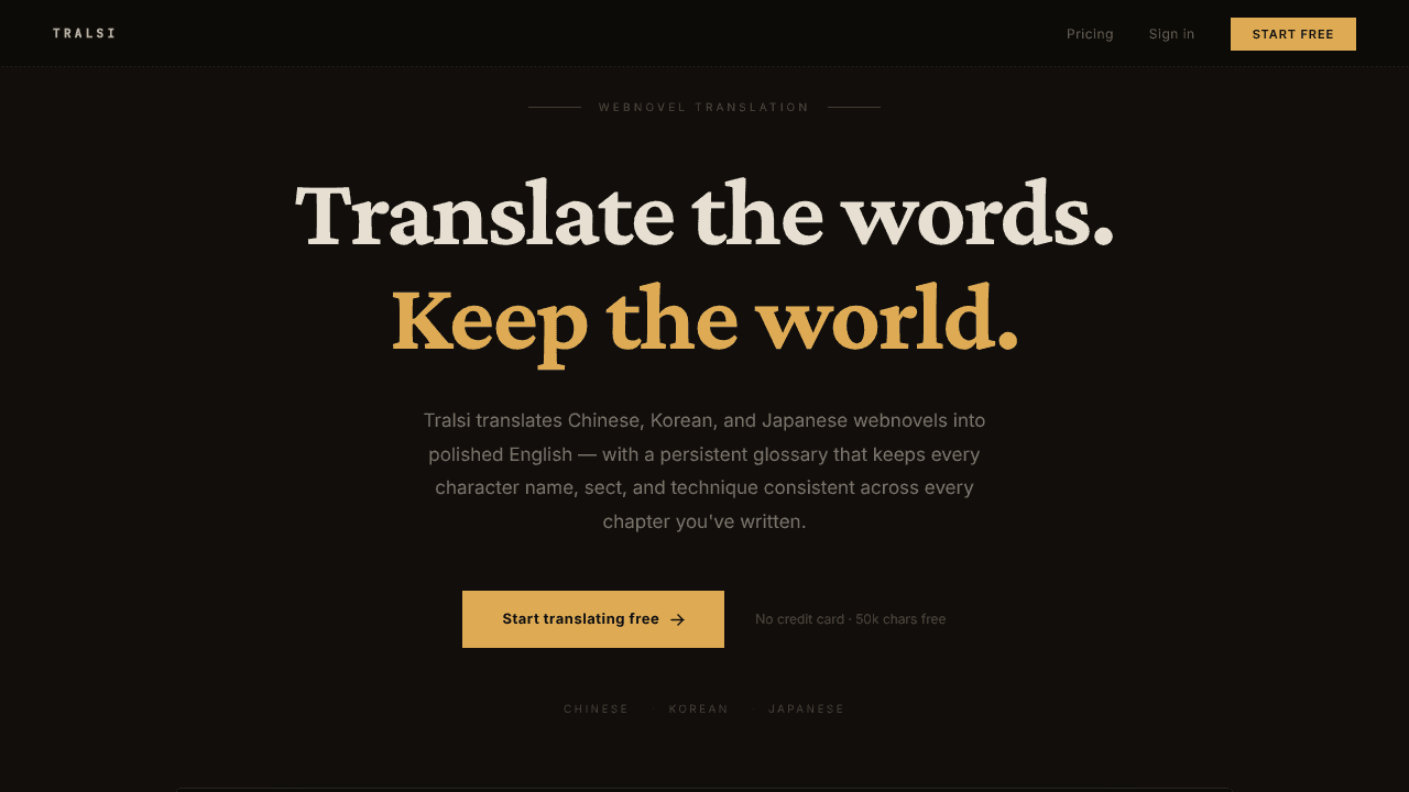 Tralsi — Webnovel Translator website screenshot