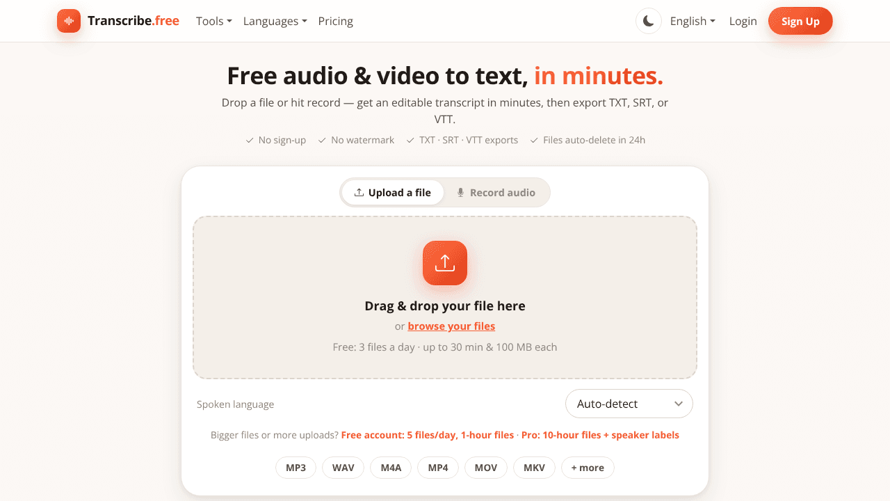 transcribe.free website screenshot