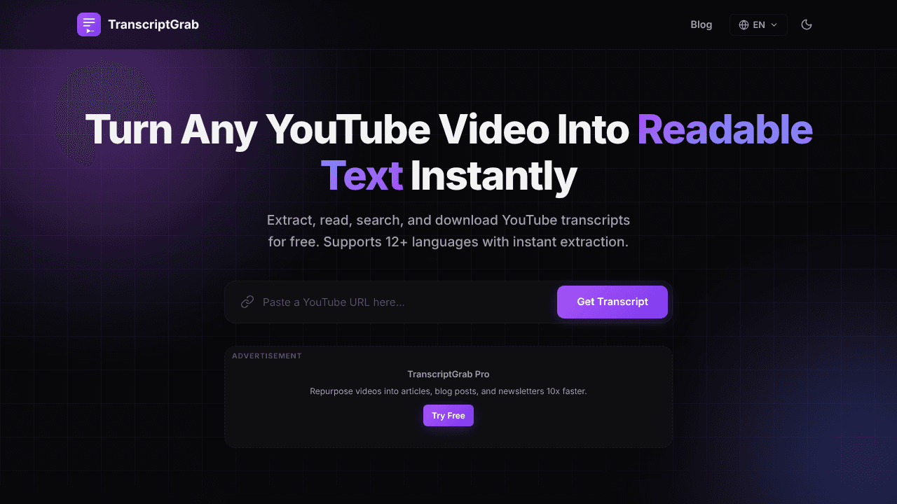 TranscriptGrab website screenshot