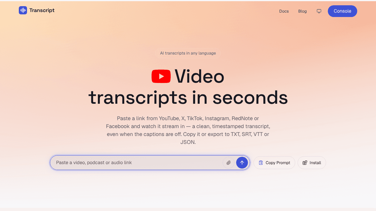 Transcript.land website screenshot