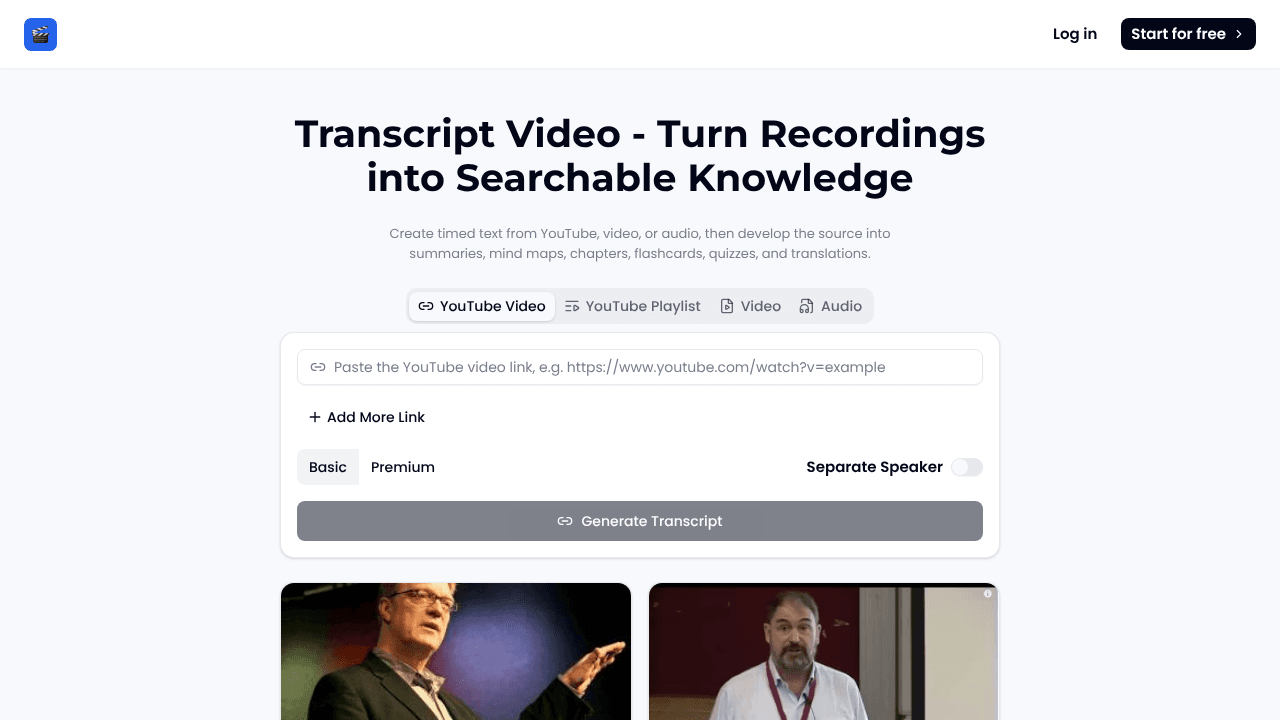 TranscriptVideo website screenshot