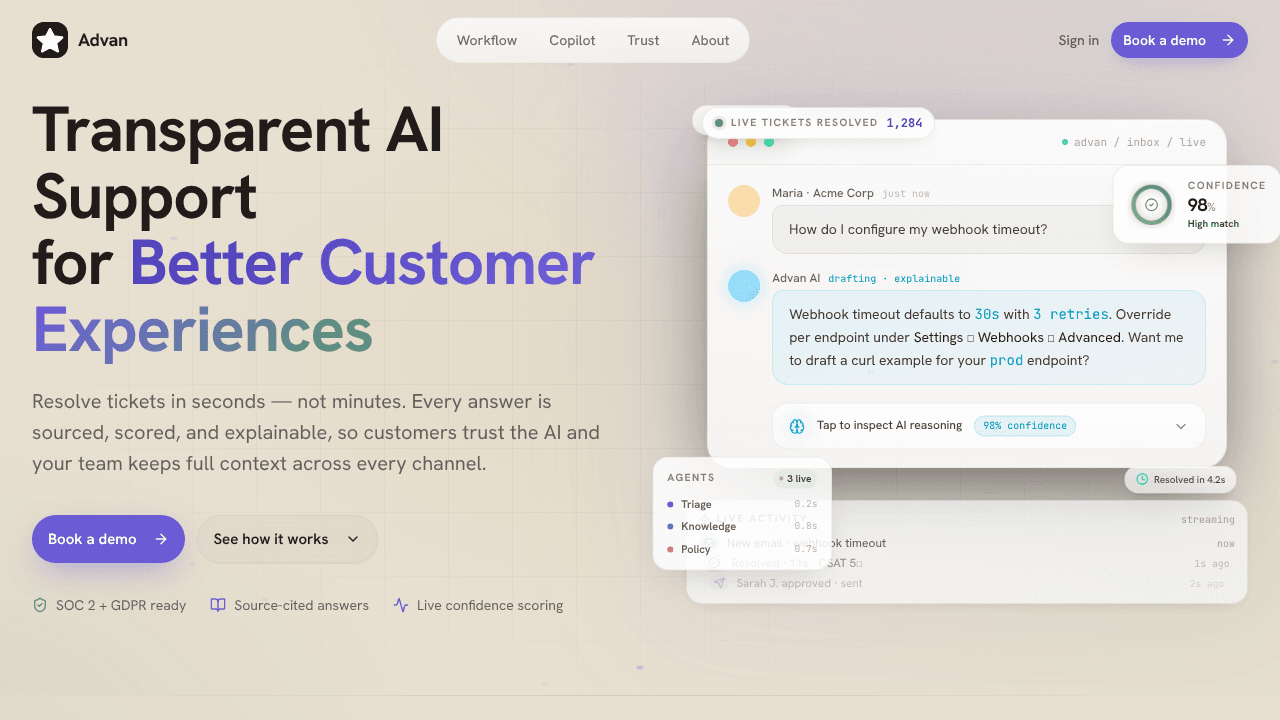 Transparent AI Customer Support  website screenshot