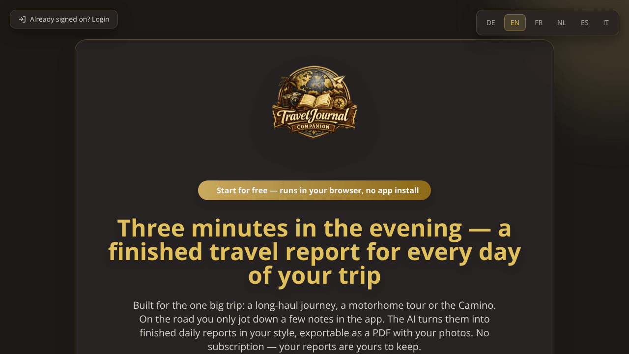 TravelJournal Companion website screenshot