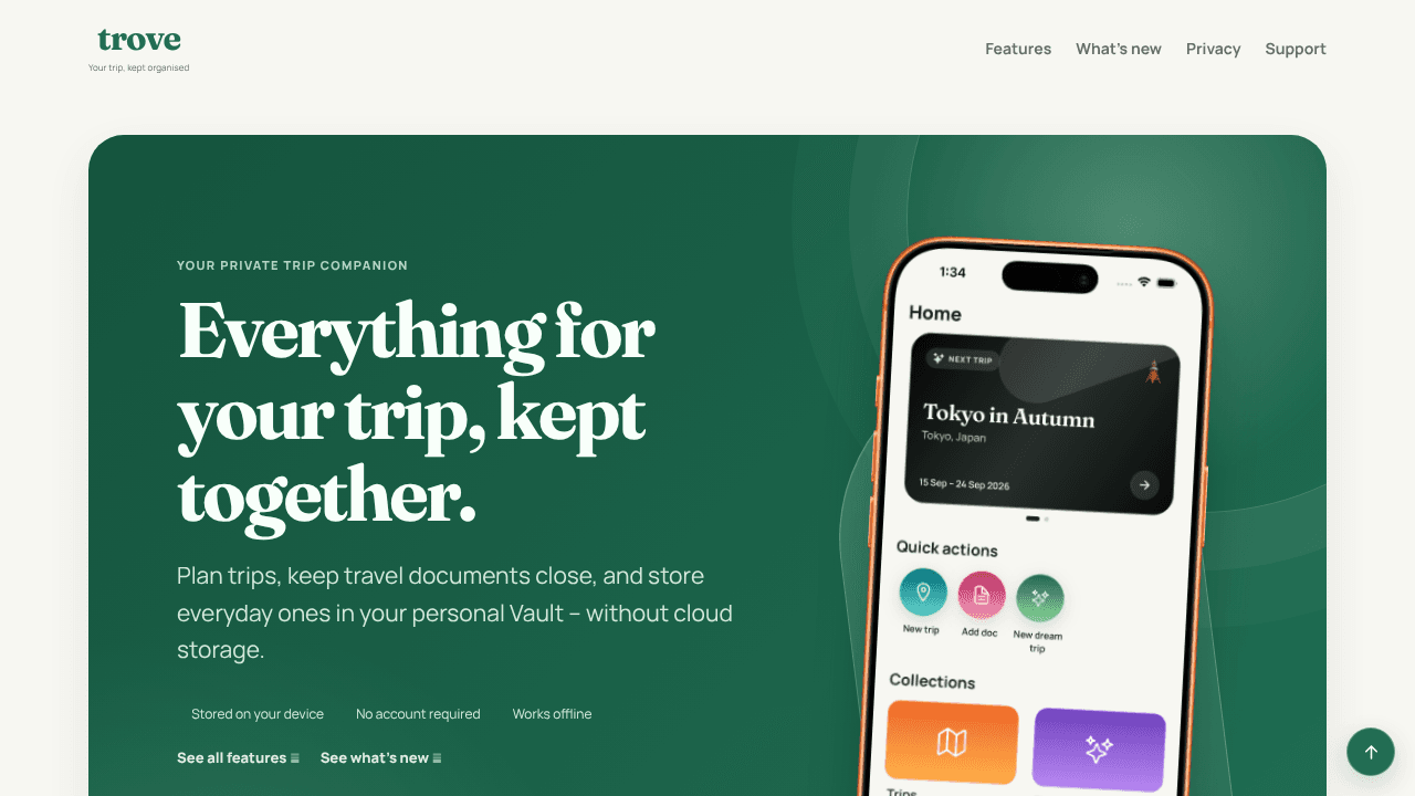 Trove — Travel Vault website screenshot