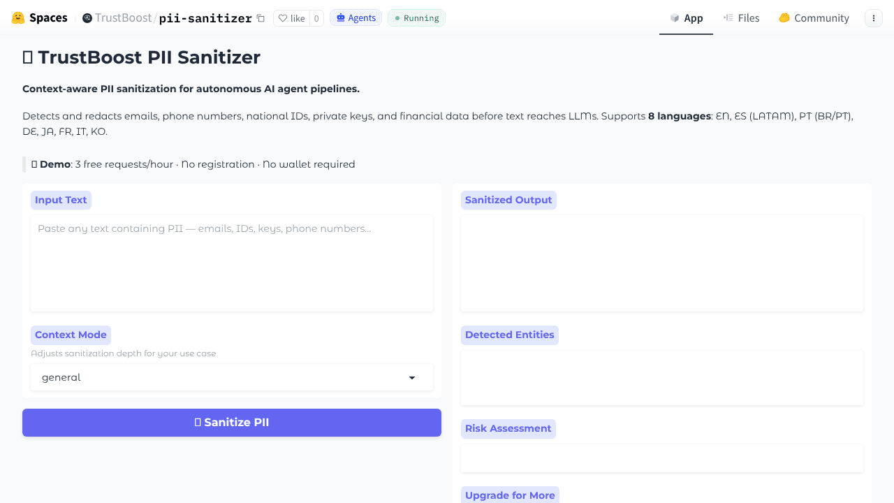 TrustBoost PII Sanitizer website screenshot