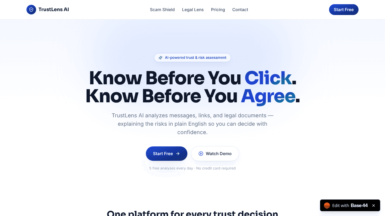 TrustLens AI website screenshot