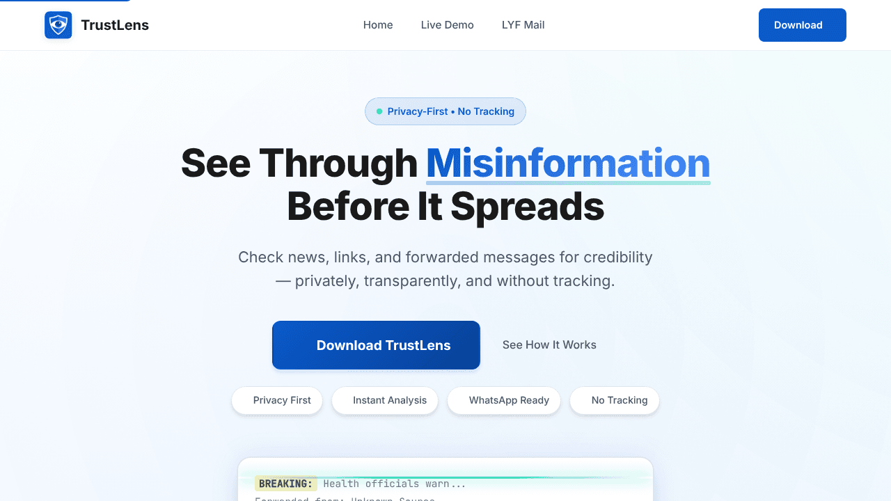 TrustLens website screenshot