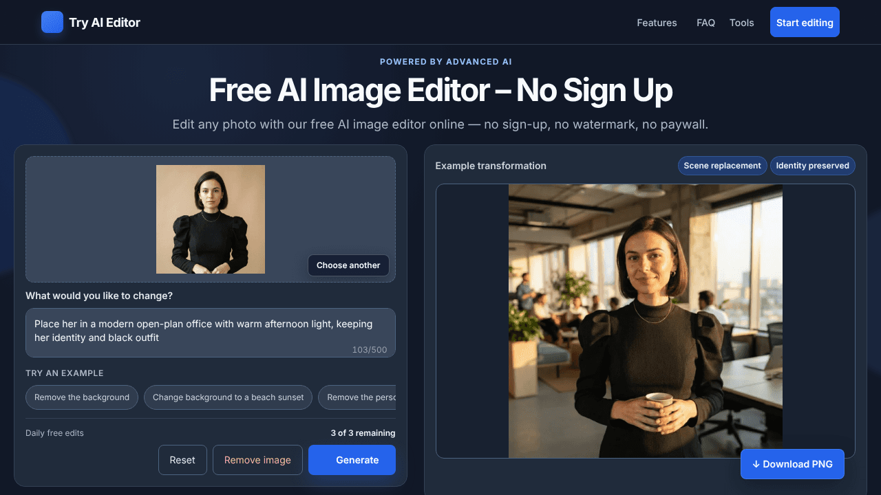tryaieditor.com website screenshot