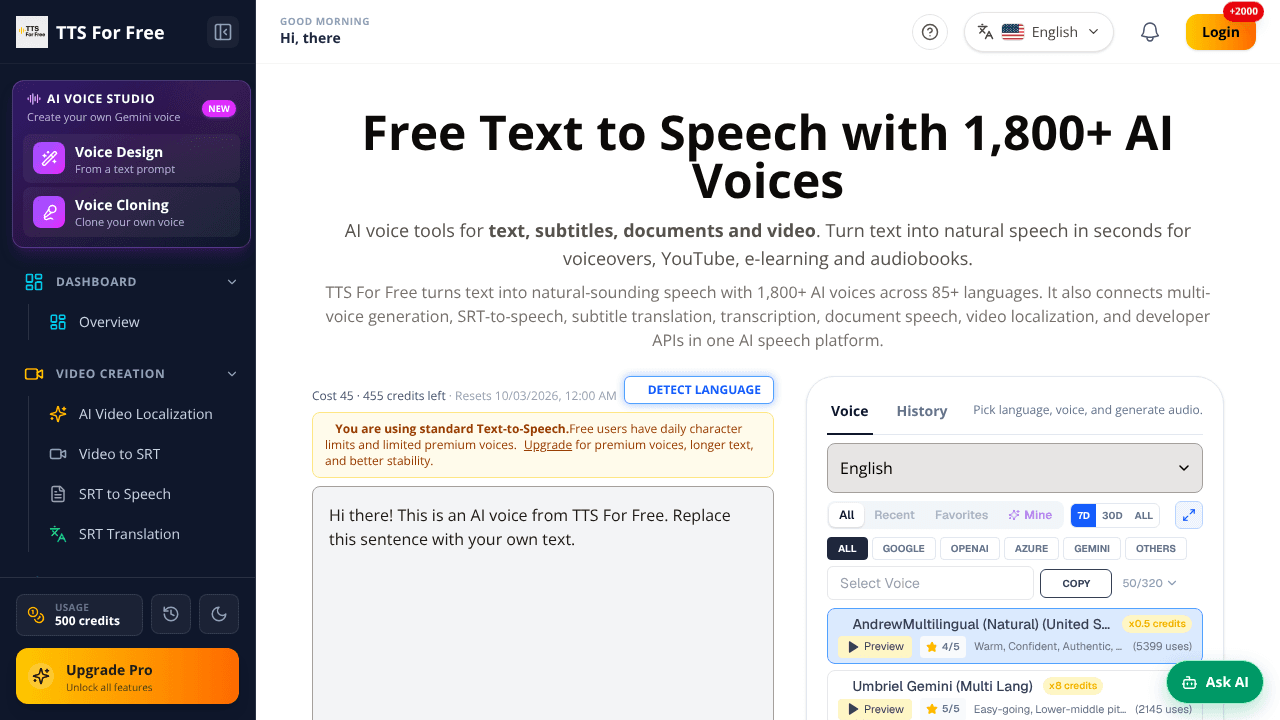 TTS For Free website screenshot