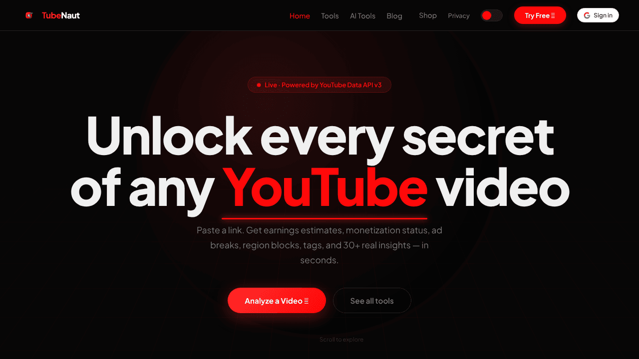 tubenaut.com website screenshot