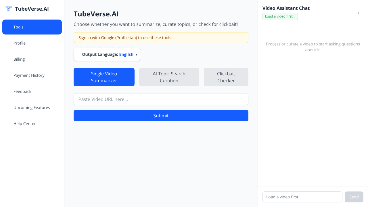TubeVerse.AI website screenshot