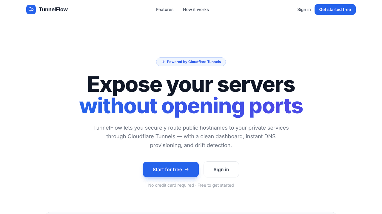TunnelFlow — Cloudflare Tunnel Manager website screenshot