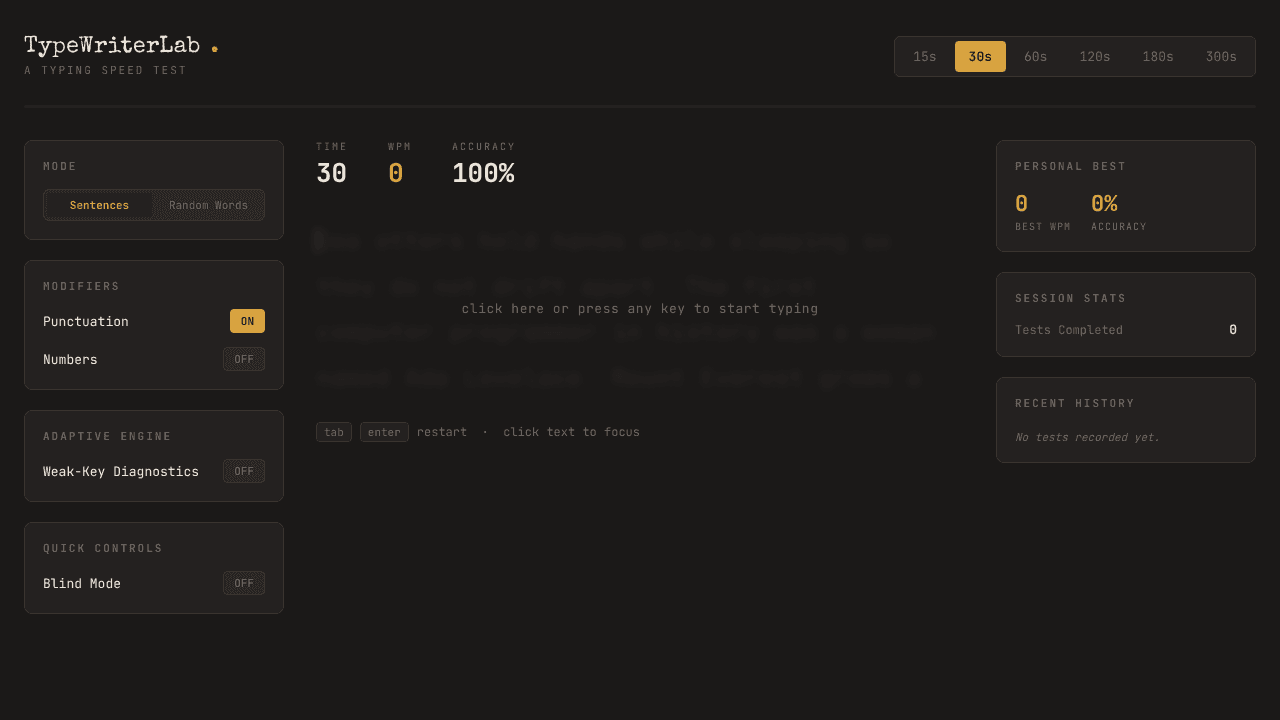 TypeWriterLab — Typing Test website screenshot