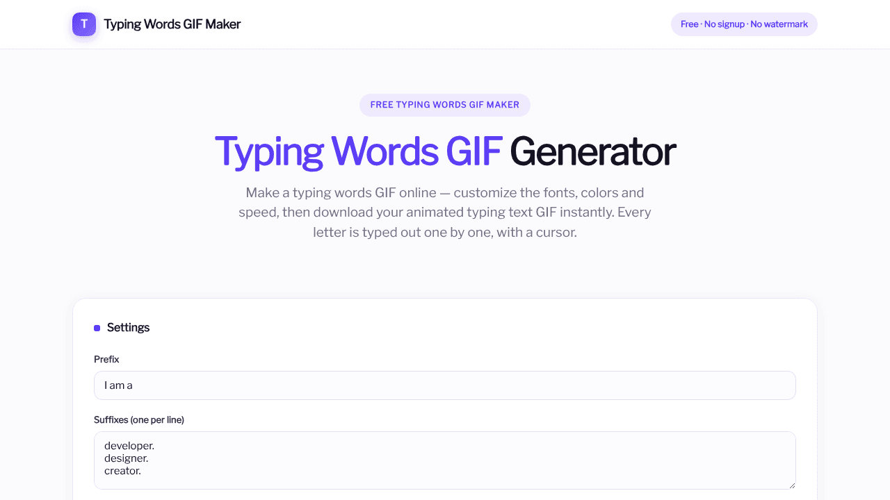 Typing Words GIF Generator website screenshot