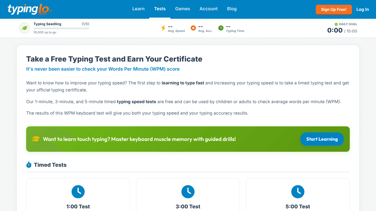TypingLo — Free Typing Test website screenshot