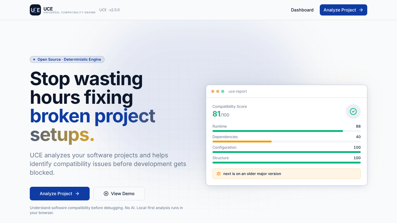 UCE — Universal Compatibility Engine website screenshot