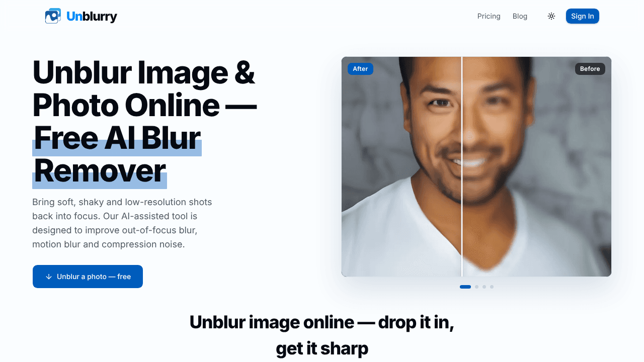 Unblurry website screenshot
