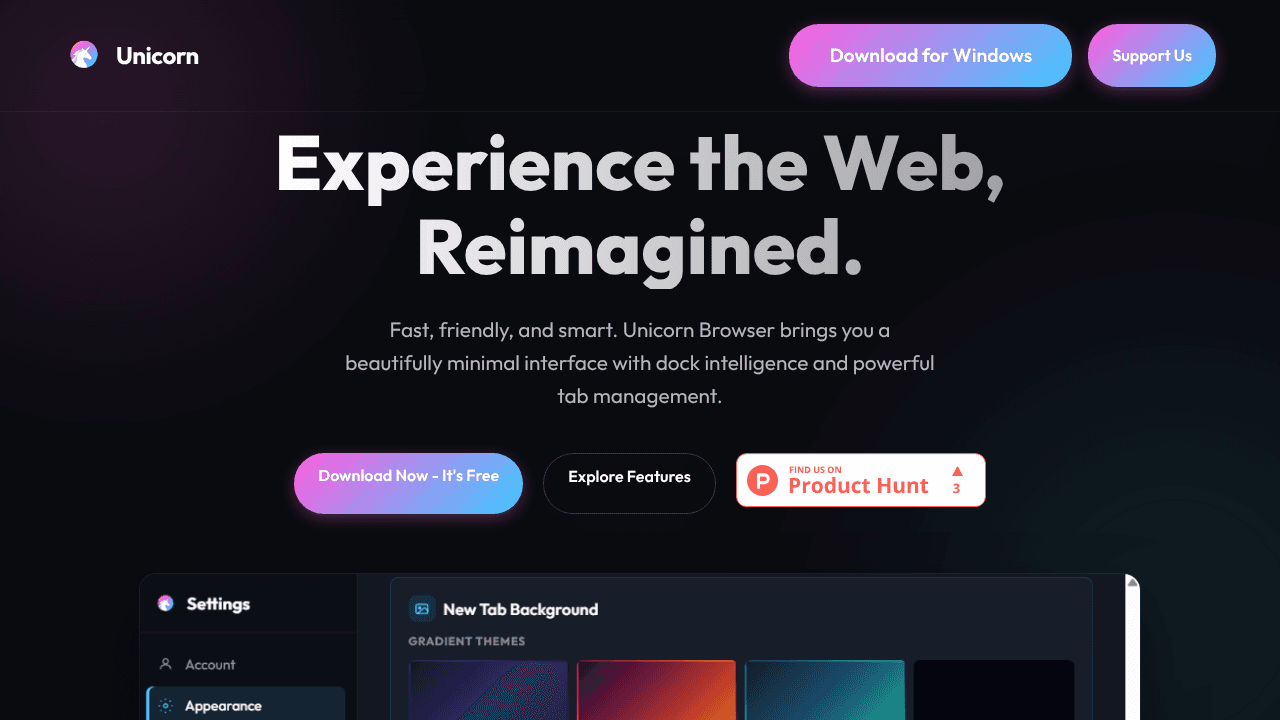 Unicorn Browser website screenshot