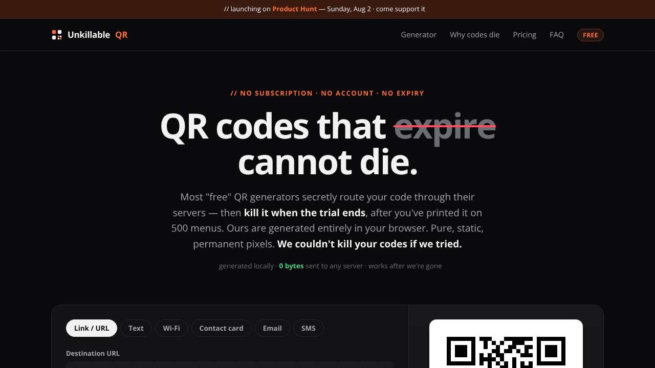 Unkillable QR website screenshot