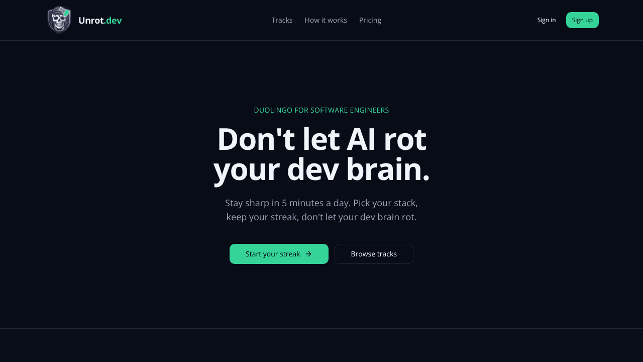 Unrot.dev - Duolingo for devs website screenshot