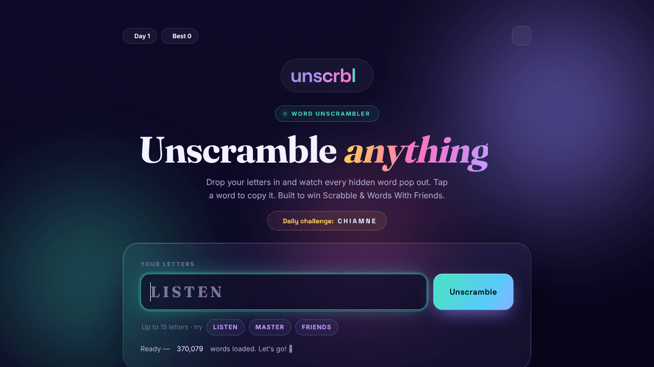 unscrbl — Word Unscrambler website screenshot