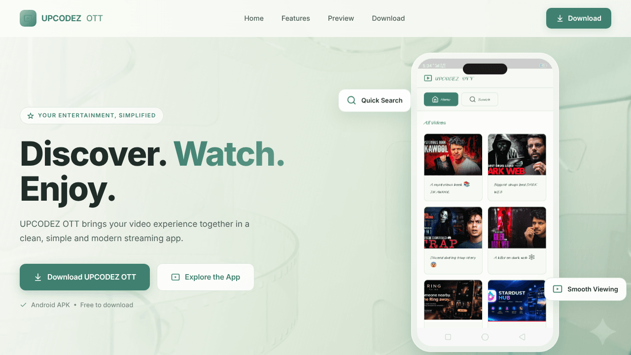 UPCODEZ OTT — Discover. Watch. Enjoy. website screenshot