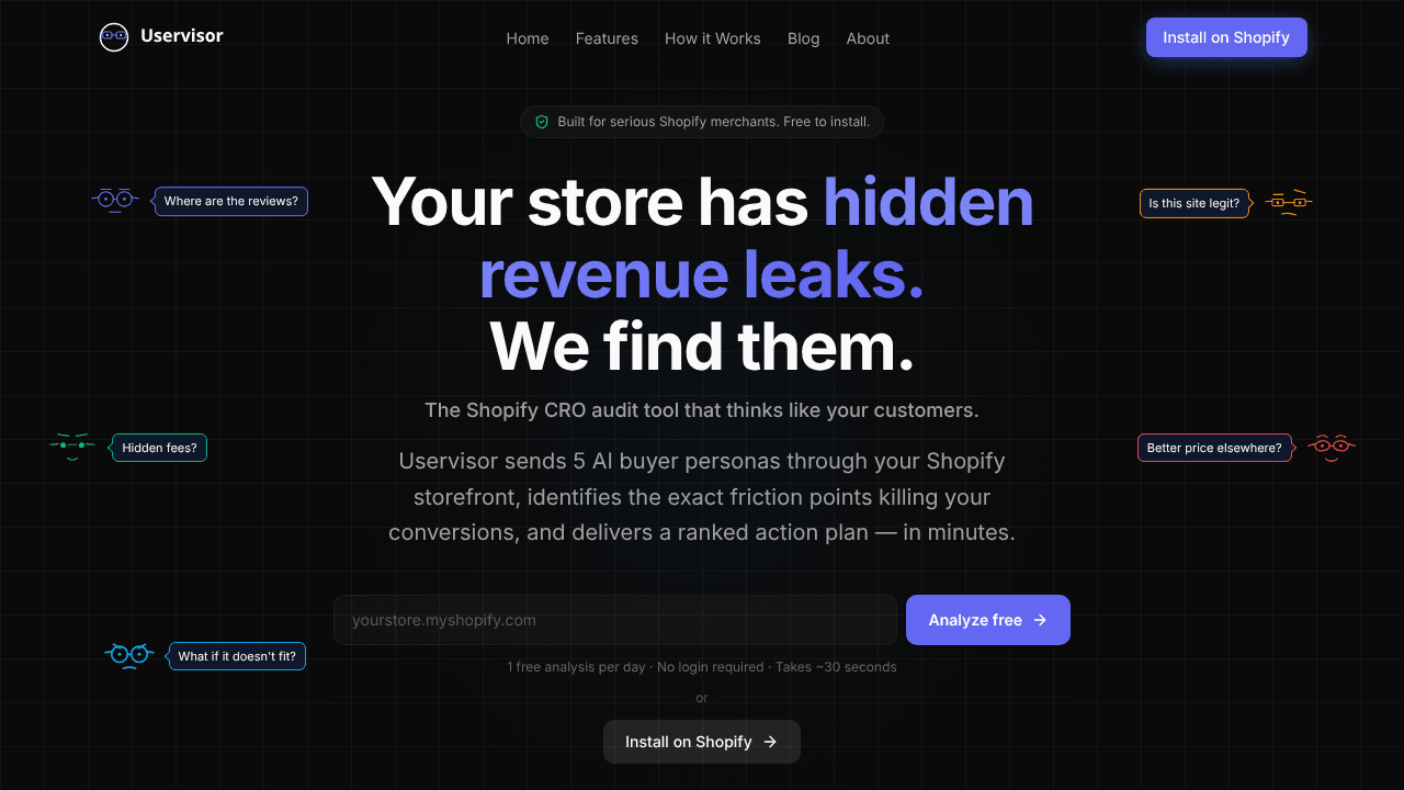 Uservisor — Shopify Revenue Leak Finder website screenshot