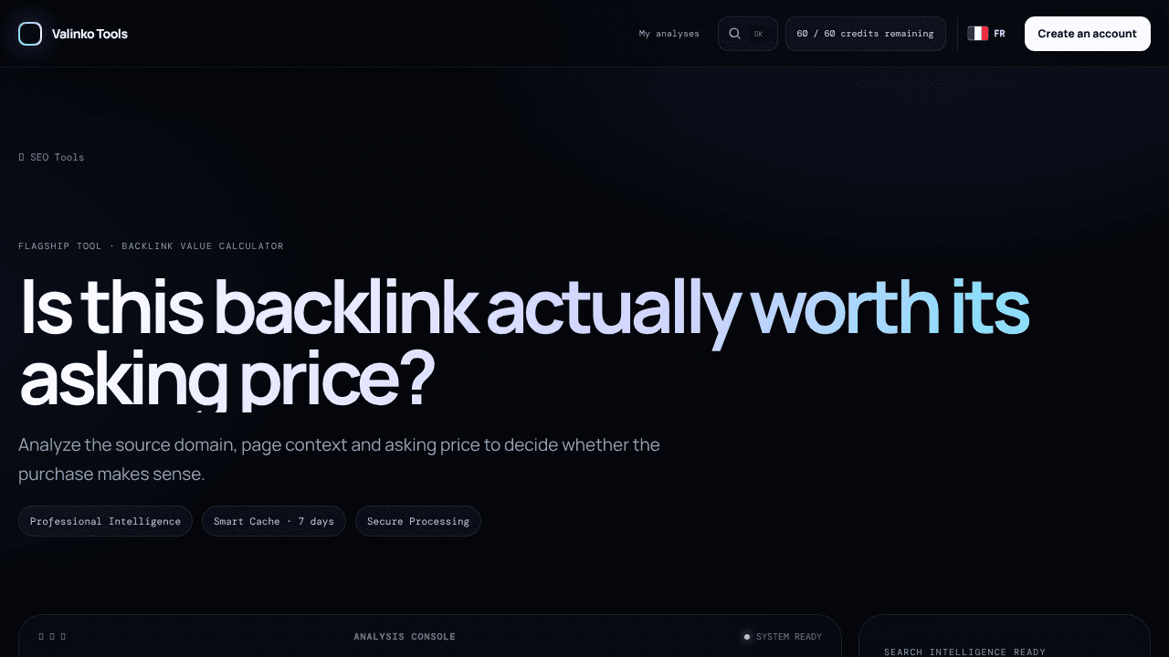 Valinko Backlink Value Calculator website screenshot