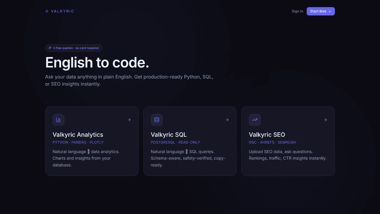 Valkyric — English to Code website screenshot