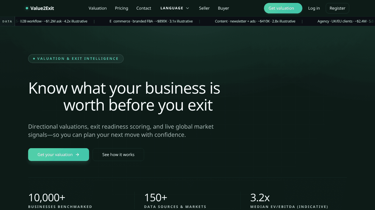 Value2Exit — Valuation & Exit Readiness website screenshot