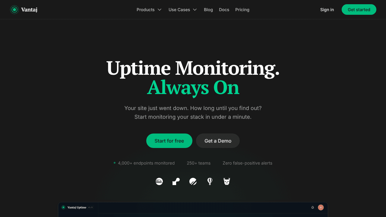 Vantaj Uptime New Features (MCP & more) website screenshot