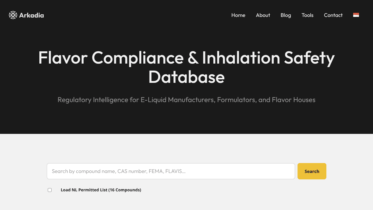 Vape Flavor Compliance Database website screenshot