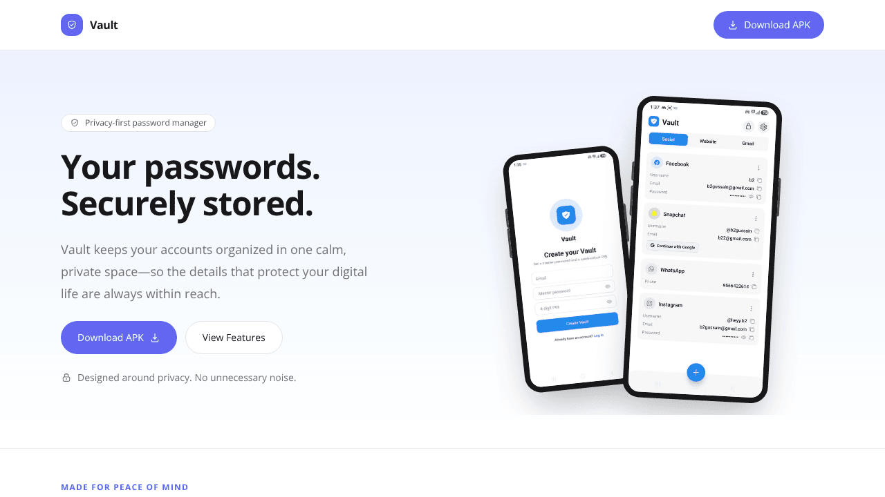 Vault - Password Manager website screenshot