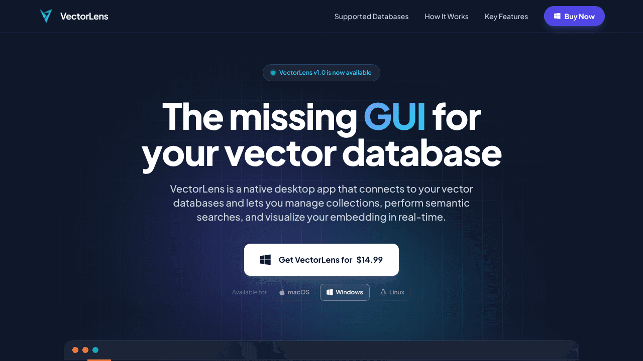 VectorLens — The Vector Database GUI website screenshot