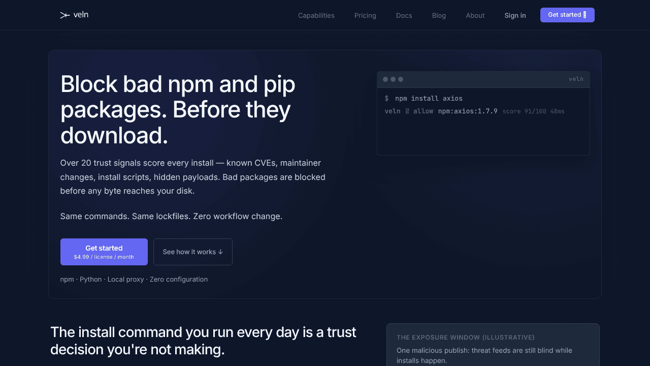 Veln — every package, verified website screenshot
