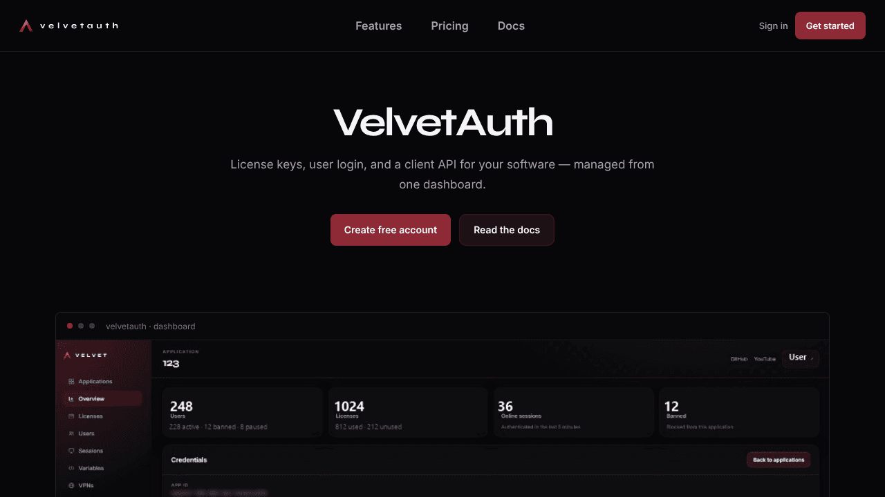 VelvetAuth — License keys & user auth website screenshot