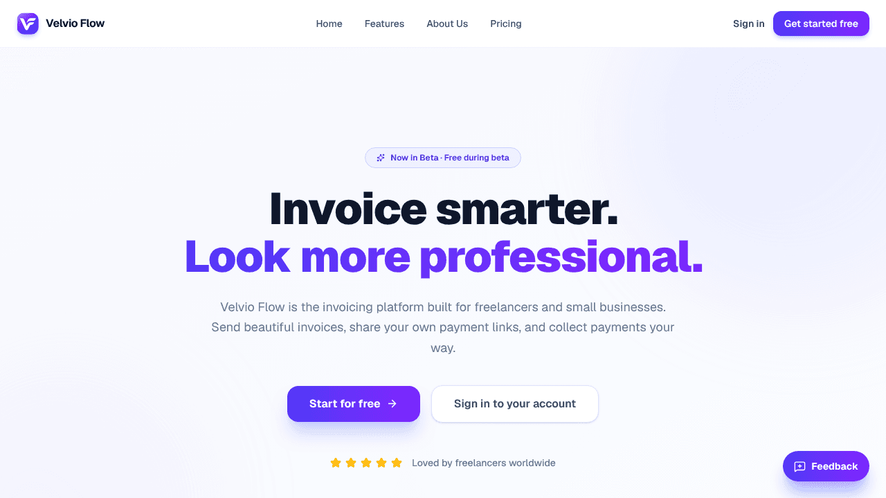 Velvio Flow — Professional Invoicing website screenshot