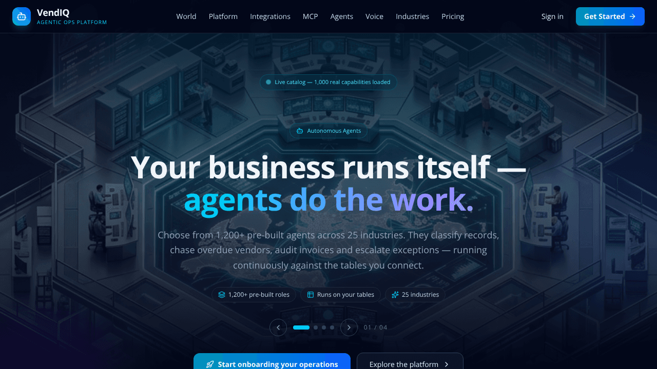 VendIQ · Agentic Ops Platform website screenshot