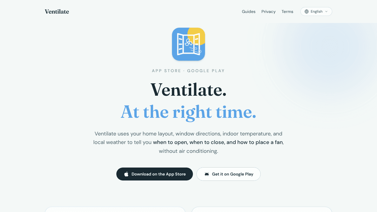 Ventilate · At the right time website screenshot