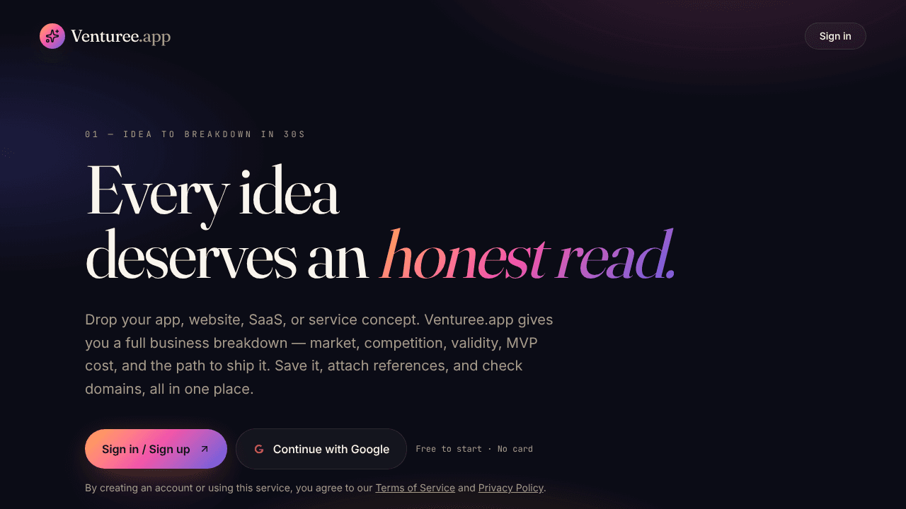 Venturee.app website screenshot