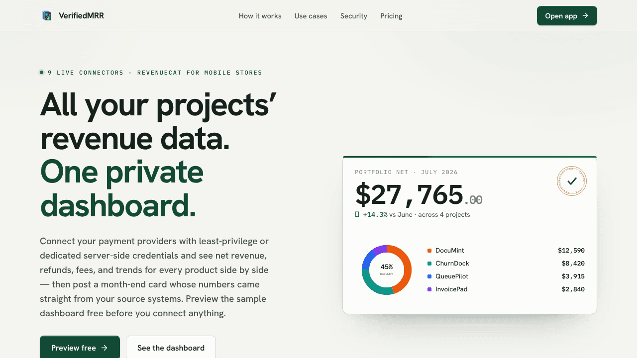 VerifiedMRR — Private Revenue Dashboards website screenshot