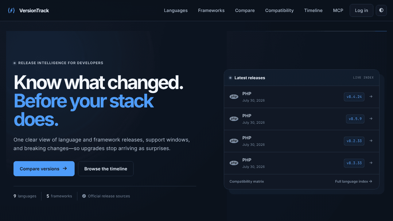 VersionTrack · Updates Radar website screenshot