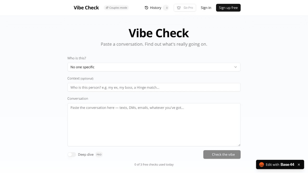 Vibe Check website screenshot
