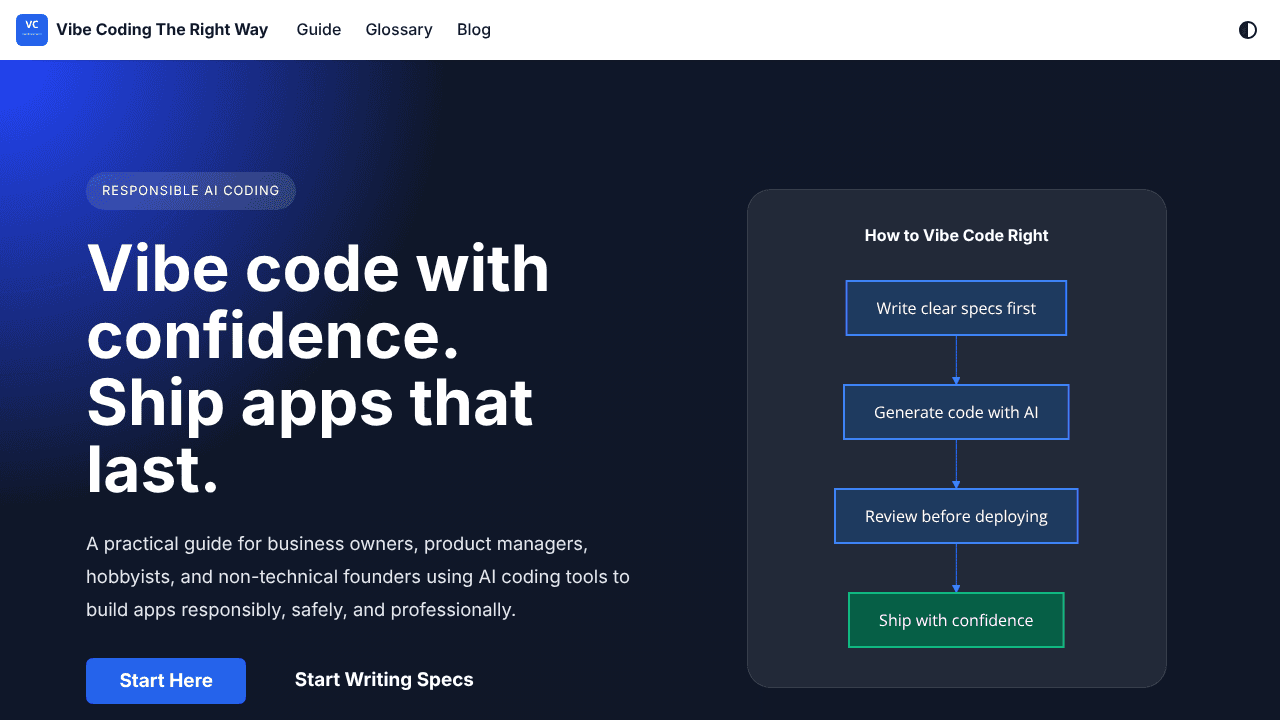 Vibe Coding The Right Way website screenshot