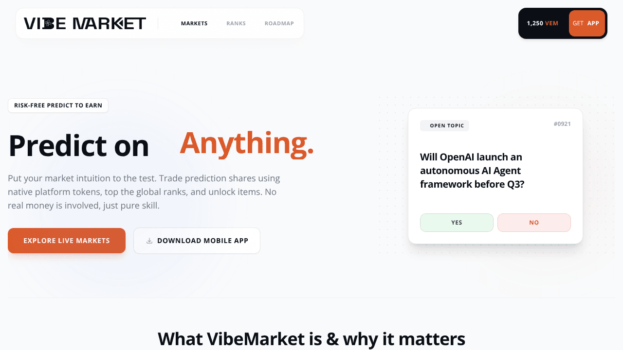 VibeMarket | Predict & Earn website screenshot