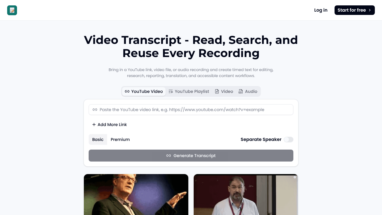 Video Transcript website screenshot