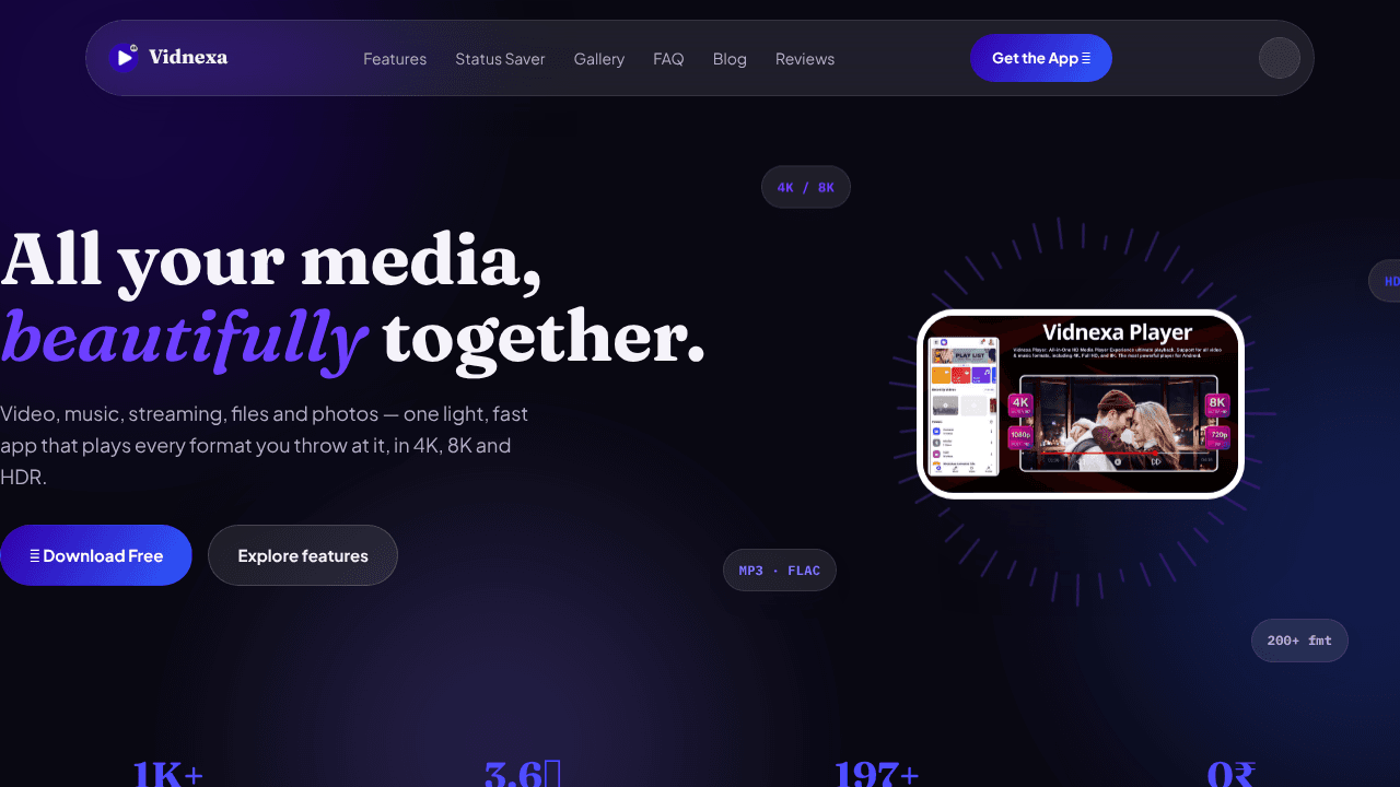 Vidnexa-Ultra HD Video Player website screenshot