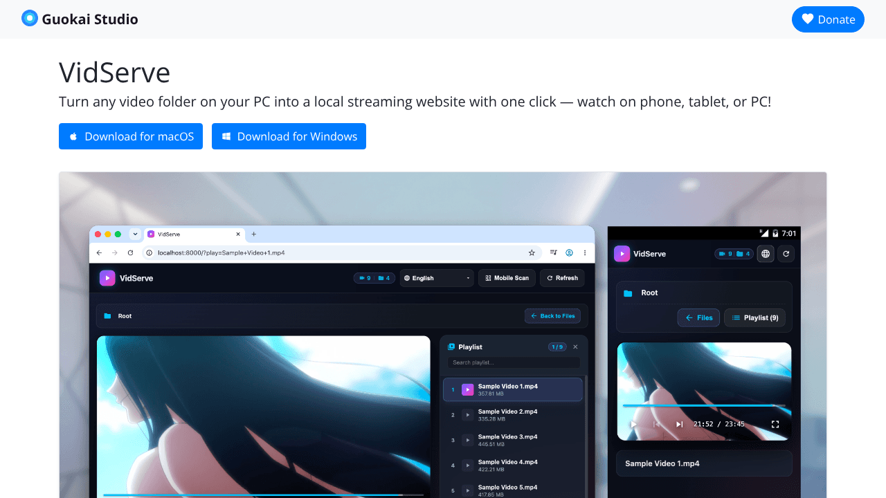 VidServe - LAN Video Server&Media Player website screenshot