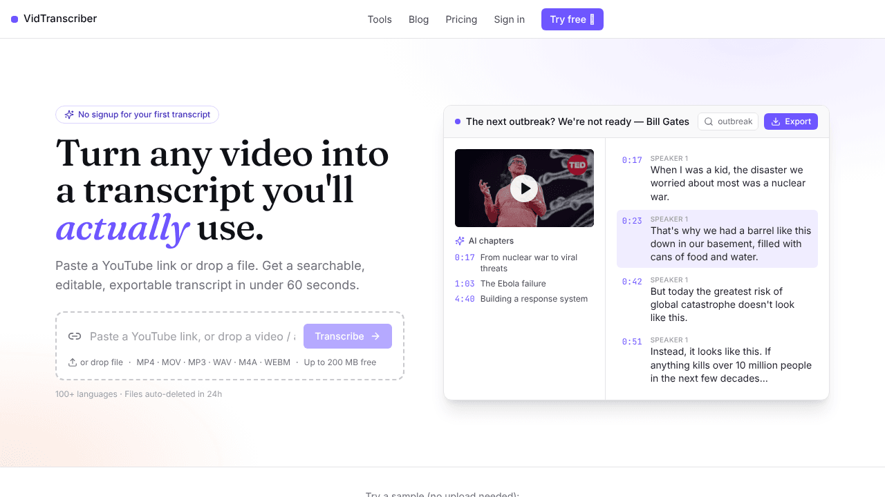 VidTranscriber website screenshot